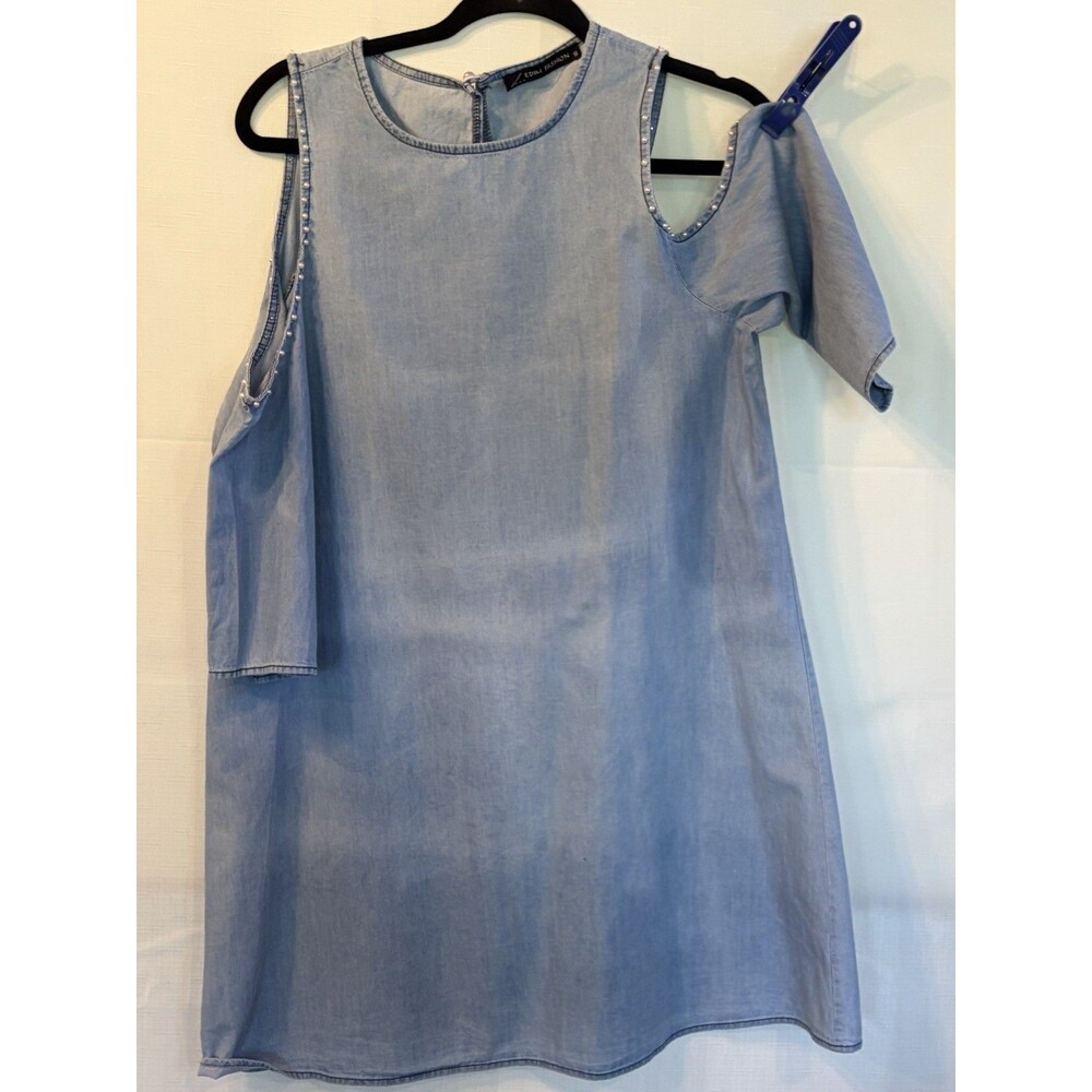 EDIM FASHION Blue Denim Cold Shoulder Shift Dress Round Neck Short Sleeve S